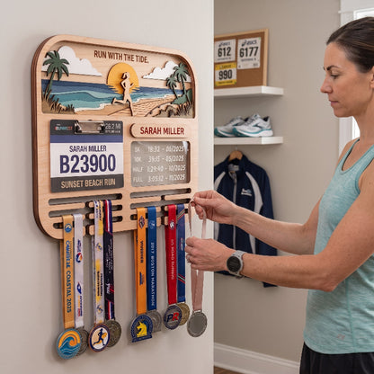 Personalized Running Medal Holder, Sunset Beach Design, Race Bib Display with Optional Running Tracker