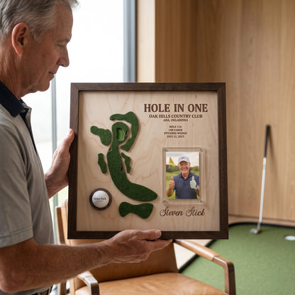 Personalized Hole in One Golf Display with Golf Course Map, Golf Ball Holder & Photo