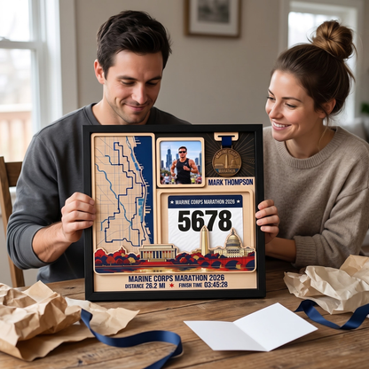 Marine Corps Marathon Medal Display, Personalized Race Bib and Photo Frame, Layered Design with Route Map Option