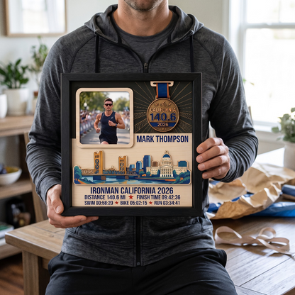 Triathlon Medal Display Frame, Personalized Medal Hanger, Race Bib & Photo Display with Route Option, Triathlete Gift