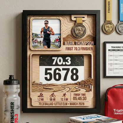 Personalized First 70.3 Race Bib Display, Dallas Triathlon Medal Holder, Custom Bib and Medal Display Gift