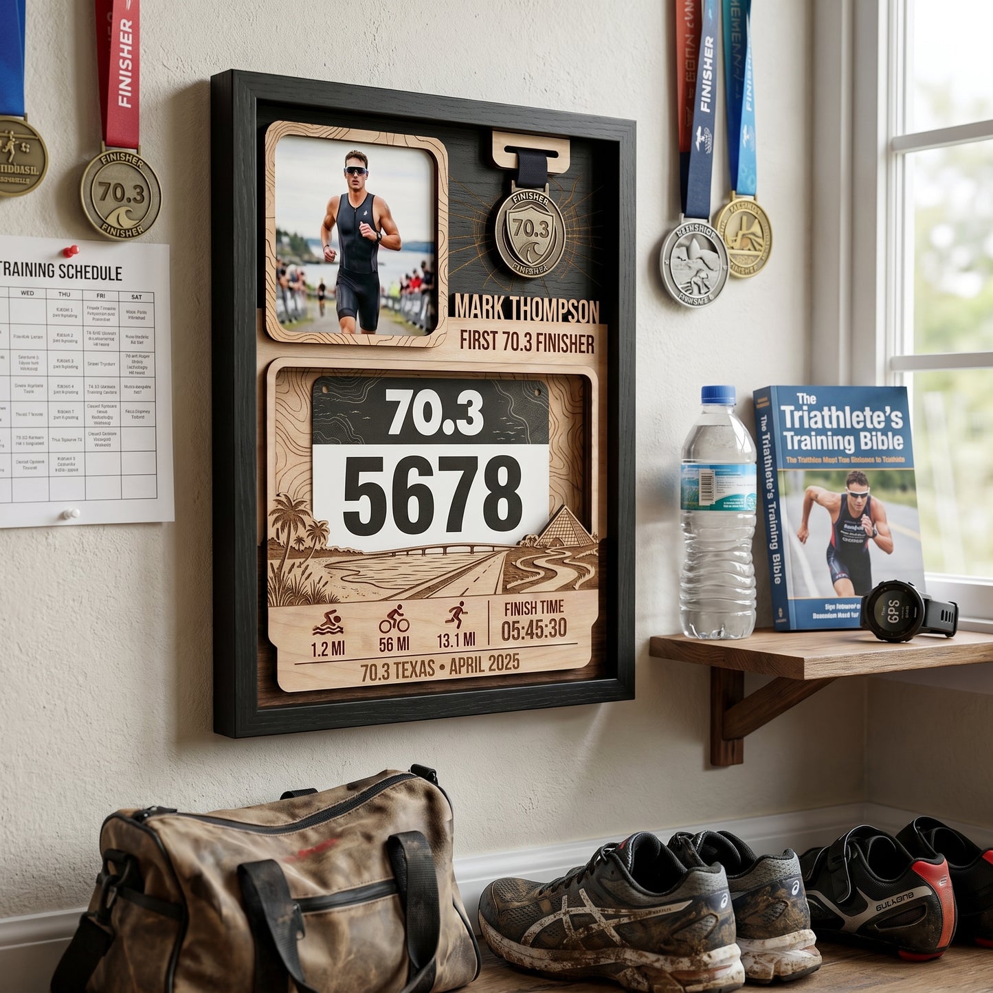 Personalized Texas 70.3 Bib and Medal Display, First Triathlon Finisher Keepsake, Custom Race Bib Holder