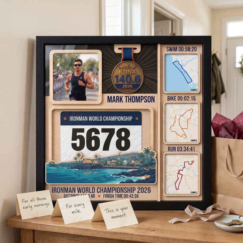 Kona Triathlon Medal Display, Personalized Medal Hanger with Photo, Race Bib & Route Options, Triathlete Gift