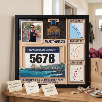Kona Triathlon Medal Display, Personalized Medal Hanger with Photo, Race Bib & Route Options, Triathlete Gift
