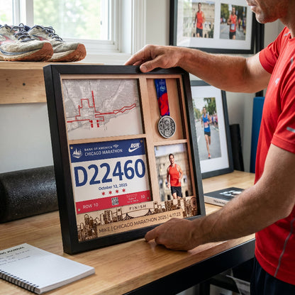 Chicago Marathon Shadow Box Display, Race Bib Medal and Photo Holder, Personalized Running Memory Box, Gift for Marathon Runners