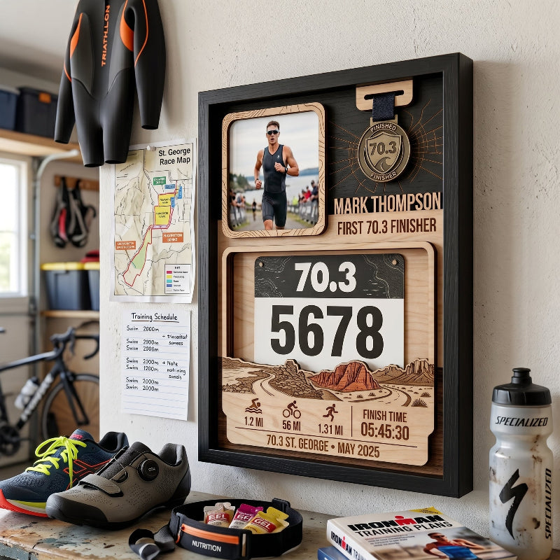 First 70.3 St. George Race Bib Holder, Personalized Triathlon Bib and Medal Display, Custom Finisher Medal Keepsake