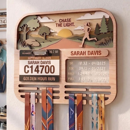 Personalized Running Medal Holder & Race Bib Display, Wooden Marathon Medal Hanger, Sunset Run Design