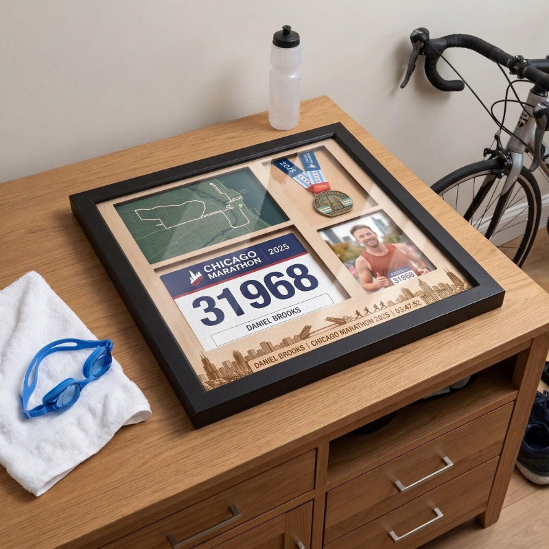 Chicago Marathon Shadow Box Display, Race Bib Medal and Photo Holder, Personalized Running Memory Box for Marathon Runners