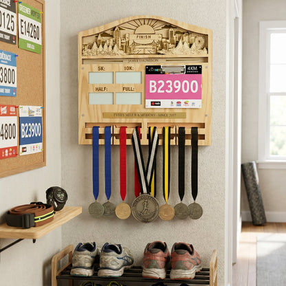 Personalized 3D Running Milestone and Bib Display, Custom Marathon Medal Holder, Wooden Race Achievement Wall Decor, Gift for Runners