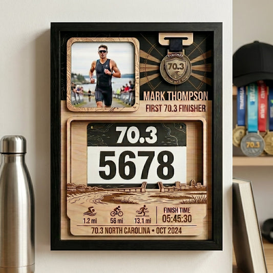 Personalized First 70.3 Triathlon Bib and Medal Display, Personalized North Carolina Race Bib Holder, Custom Triathlon Medal Hanger