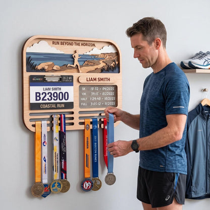 Personalized Marathon Medal Display, Running Medal Holder & Race Bib Display, Coastal Cliff Design