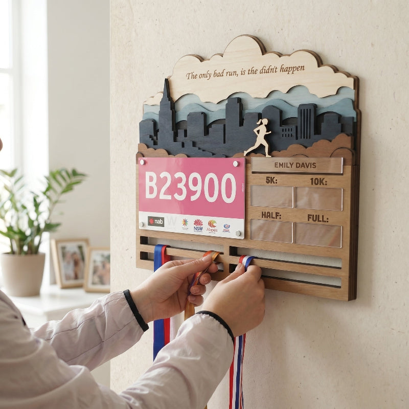 Custom 3D Running Medal and Bib Display, Personalized Marathon Medal Holder, Wooden Race Achievement Wall Decor, Gift for Runners