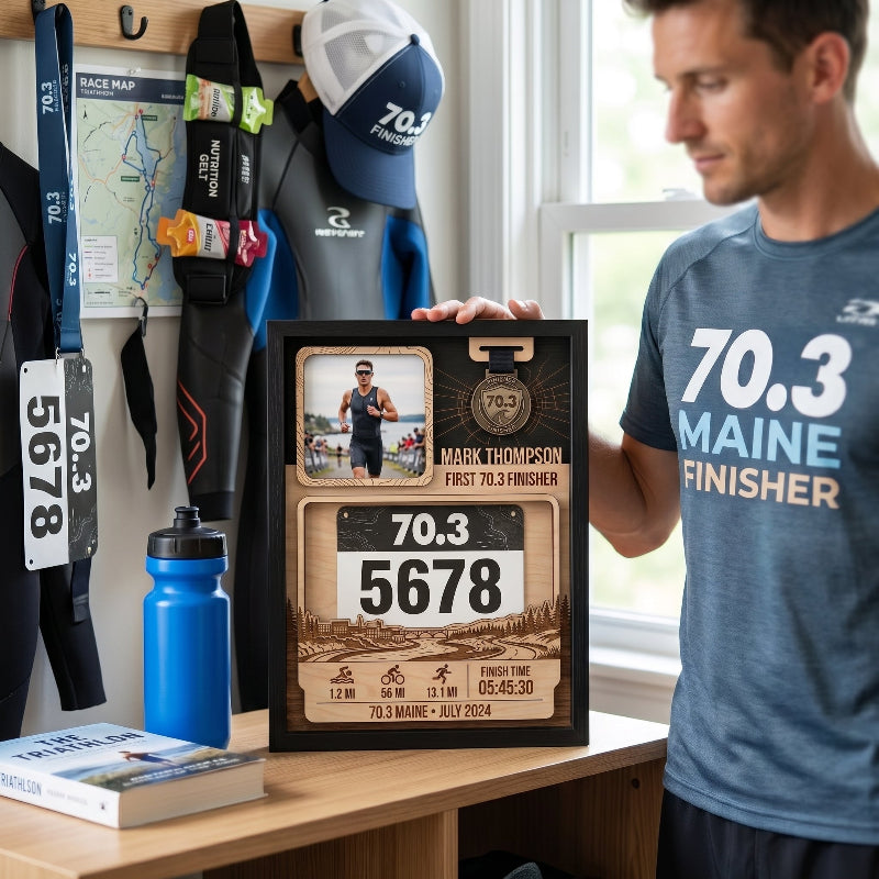 First 70.3 Triathlon Bib and Medal Display, Personalized Maine Race Bib Holder, Custom Triathlon Gift