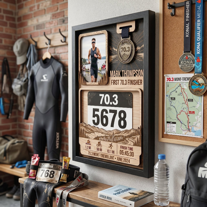 Custom Triathlon Bib and Medal Display, First 70.3 Tremblant Race Bib Holder, Personalized Finisher Keepsake