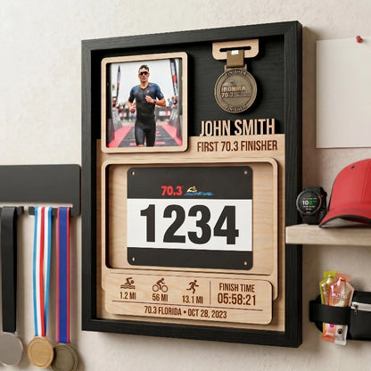 First 70.3 Triathlon Bib and Medal Display, Personalized Race Bib Holder, Half Distance Finisher Gift
