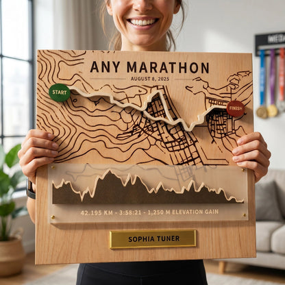 Personalized Marathon Route Map Board, 3D Running Display, Custom Race Memory Wall Decor, Gift for Runners