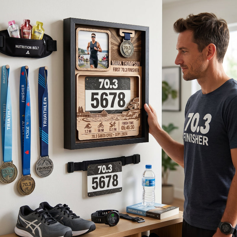 First 70.3 Triathlon Bib and Medal Display, Personalized Santa Cruz Race Bib Holder, Custom Triathlon Medal Hanger
