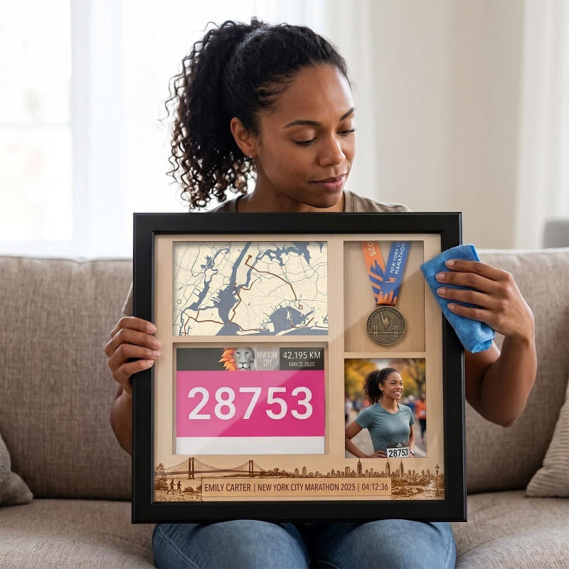 New York Marathon Shadow Box Display, Race Bib Medal and Photo Holder, Personalized Running Memory Box for Marathon Runners