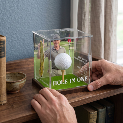 Hole in One Display with Photo, Personalized Golf Ball & Course Map Mica Box, Custom Golf Gift for Dad, Golf Keepsake for Him