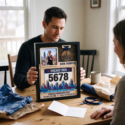 Chicago Marathon Layering Medal Hanger, Personalized Race Route Map on Wood, Custom Bib & Medal Display with Photo, Gift for Marathon Finisher
