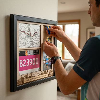 Personalized Running Medal Holder, Race Bib Medal and Photo Display, Custom Marathon Memory Wall Hanger, Gift for Runners
