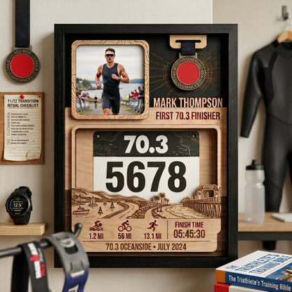 Triathlon Bib and Medal Display for First 70.3, Personalized Oceanside Race Keepsake, Custom Race Bib Holder