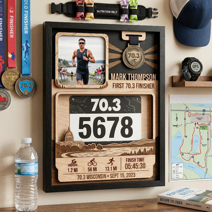 Personalized First 70.3 Race Bib Display, Wisconsin  Triathlon Medal Holder, Custom Bib and Medal Display Gift