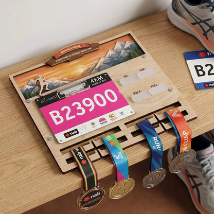 Personalized Running Medal Holder With Name, Custom Marathon Medal Display, Mountain Wooden Race Award Hanger, Gift for Runners