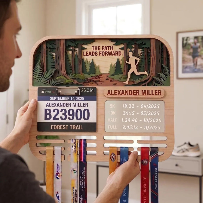 Personalized Running Medal Holder, Forest Trail Running Design, Race Bib Display & Optional Tracker