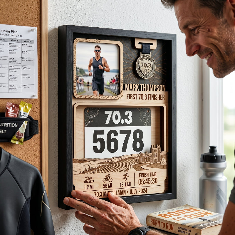 First 70.3 Triathlon Bib and Medal Display, Personalized Musselman Race Bib Holder, Custom Triathlon Medal Hanger