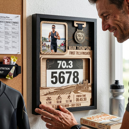 First 70.3 Triathlon Bib and Medal Display, Personalized Musselman Race Bib Holder, Custom Triathlon Medal Hanger