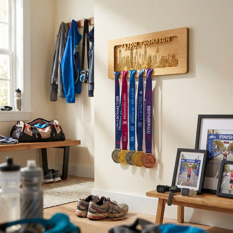 Personalized Running Medal Holder With Name, Custom Marathon Medal Display, Wooden Race Award Hanger, Gift for Runners