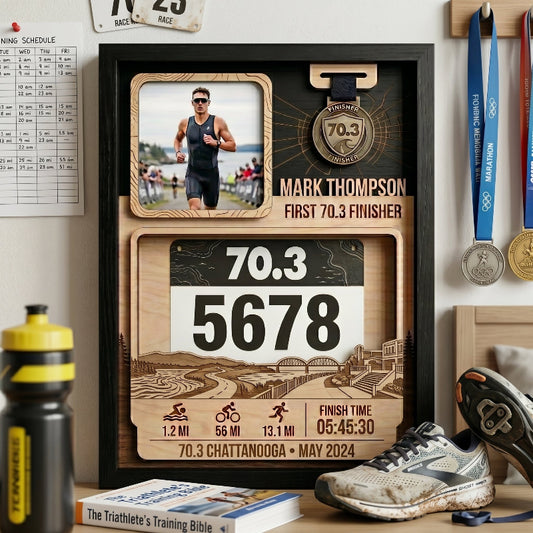 Custom First 70.3 Triathlon Display, Chattanooga Race Bib Holder, Personalized Bib and Medal Keepsake