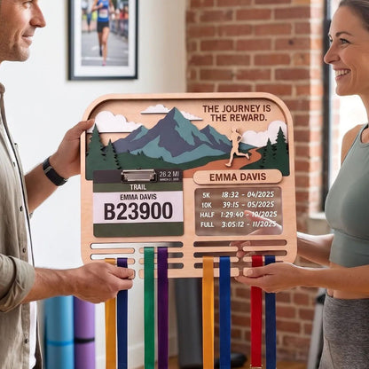 Personalized Trail Running Medal Holder & Race Bib Display, Wooden Medal Hanger, Runner Gift for Her