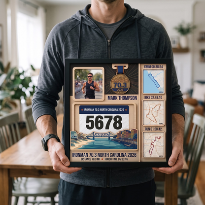 North Carolina Triathlon Medal Display, Personalized Medal Hanger with Photo, Race Bib & Route Options, Triathlete Gift