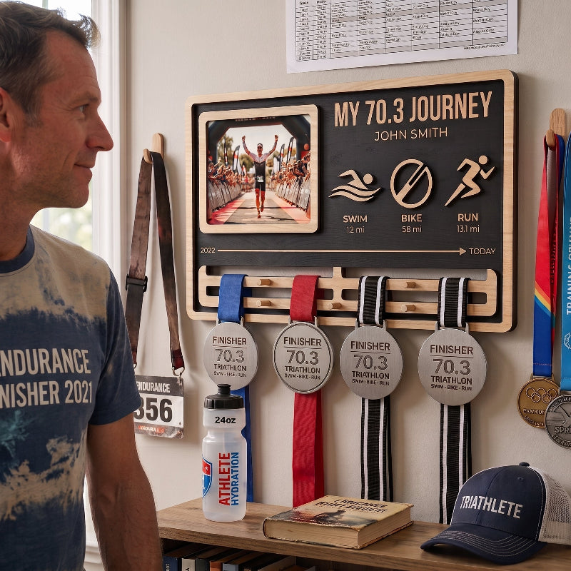 My Journey Triathlon Medal Holder, Personalized 70.3 Medal Display, Custom Wooden Medal Hanger, Gift for Triathletes