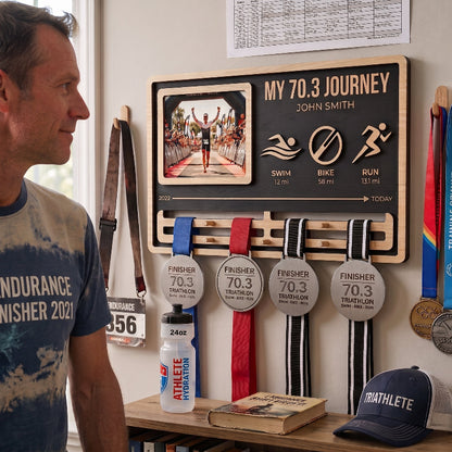 My Journey Triathlon Medal Holder, Personalized 70.3 Medal Display, Custom Wooden Medal Hanger, Gift for Triathletes