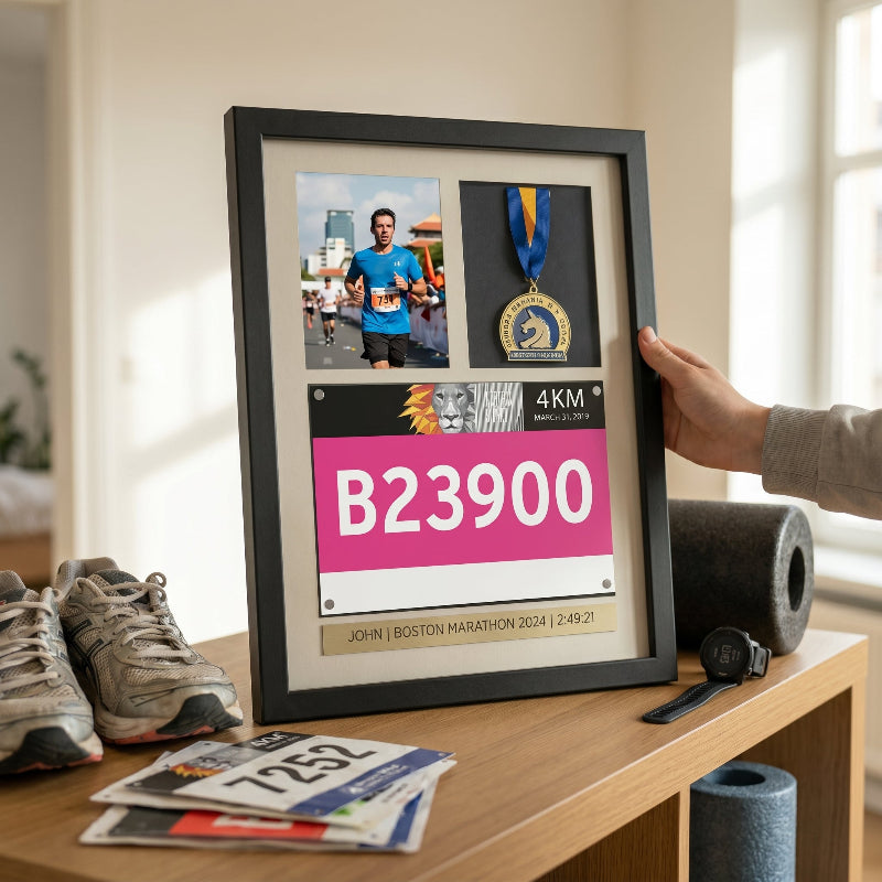 3 In 1 Running Shadow Box Display, Race Bib Medal and Photo Holder, Personalized Marathon Memory Box, Gift for Runners
