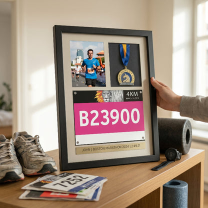 3 In 1 Running Shadow Box Display, Race Bib Medal and Photo Holder, Personalized Marathon Memory Box, Gift for Runners