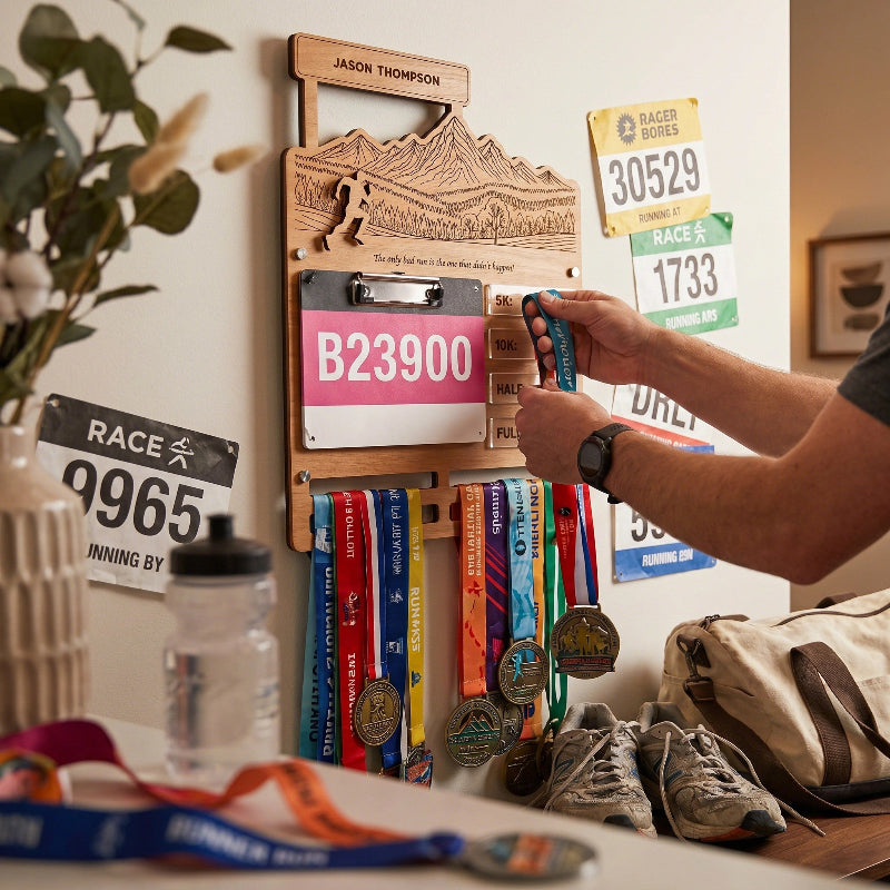 Personalized Running Medal and Bibs Holder With Name, Custom Marathon Medal Display, Wooden Race Bib Organizer, Gift for Runners