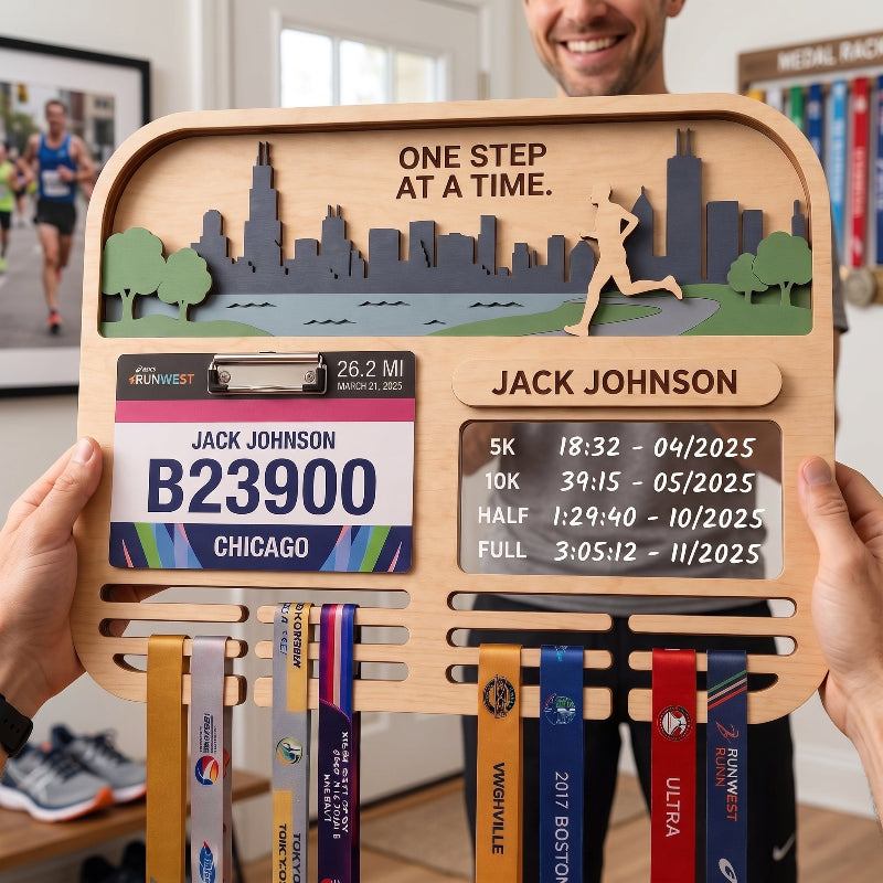 Running Medal Holder Race Bib Display Custom Medal Hanger Chicago Marathon Gift for Runners