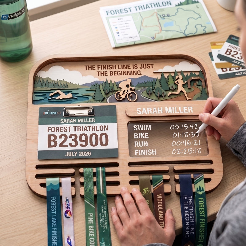 Layered Triathlon Medal Display, Forest Race Bib Holder & Custom Medal Hanger, Triathlete Gift, Race Day Keepsake