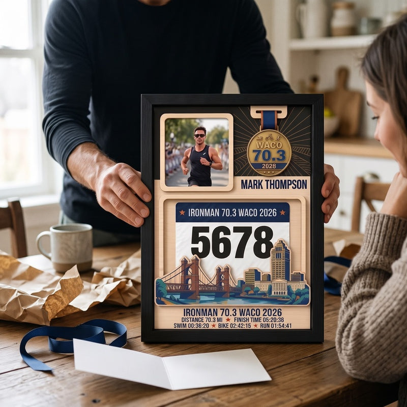 Waco Triathlon Medal Display, Personalized Medal Hanger with Photo, Race Bib & Route Options, Triathlete Gift
