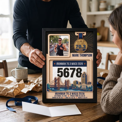 Waco Triathlon Medal Display, Personalized Medal Hanger with Photo, Race Bib & Route Options, Triathlete Gift