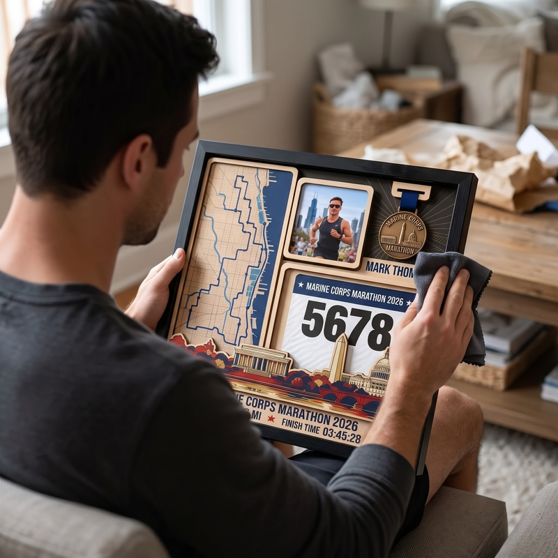Marine Corps Marathon Medal Display, Personalized Race Bib and Photo Frame, Layered Design with Route Map Option