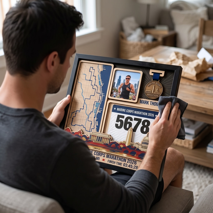 Marine Corps Marathon Medal Display, Personalized Race Bib and Photo Frame, Layered Design with Route Map Option