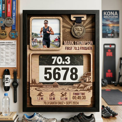 First 70.3 Triathlon Bib and Medal Display, Personalized Santa Cruz Race Bib Holder, Custom Triathlon Medal Hanger