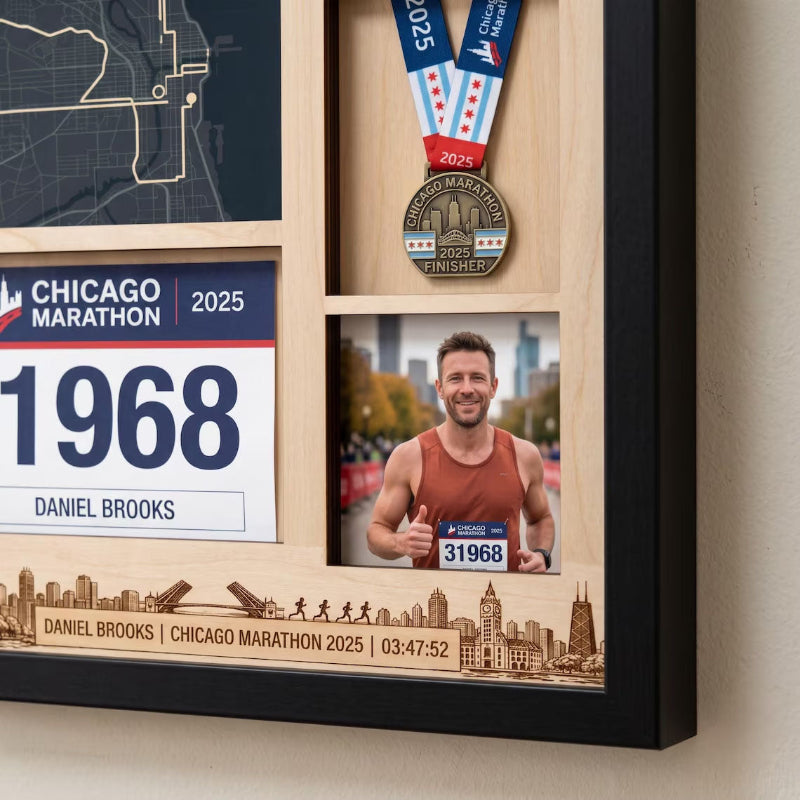 Chicago Marathon Shadow Box Display, Race Bib Medal and Photo Holder, Personalized Running Memory Box for Marathon Runners