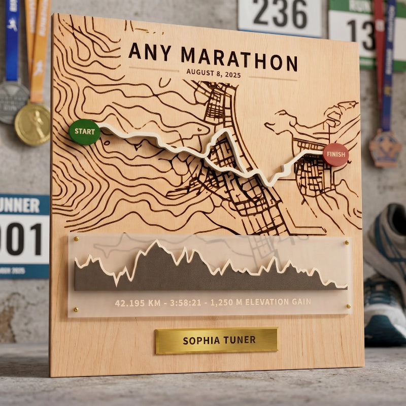 Personalized Marathon Route Map Board, 3D Running Display, Custom Race Memory Wall Decor, Gift for Runners