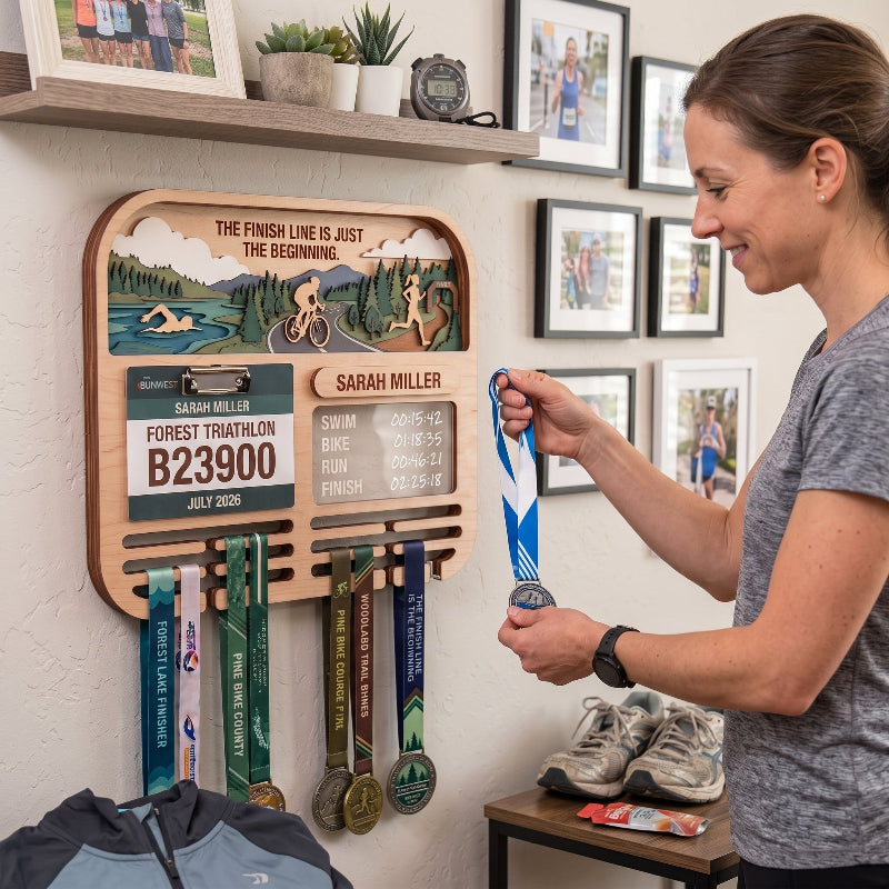 Layered Triathlon Medal Display, Forest Race Bib Holder & Custom Medal Hanger, Triathlete Gift, Race Day Keepsake